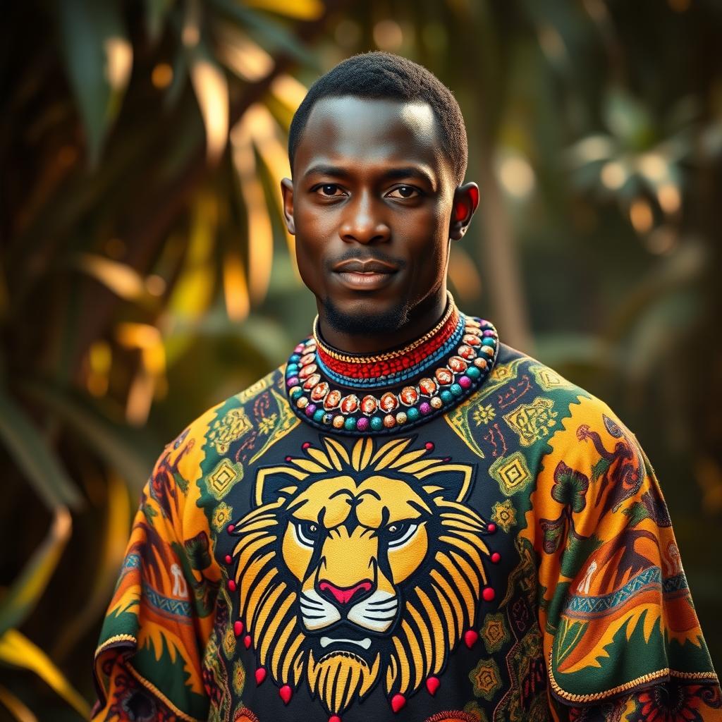 A dark-skinned Igbo man wearing a unique outfit that features a lion head design