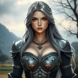 A very busty European cleric girl with bright turquoise eyes and long ash grey hair
