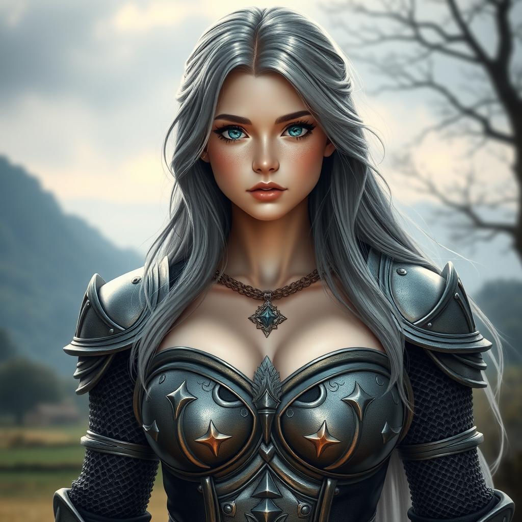 A very busty European cleric girl with bright turquoise eyes and long ash grey hair