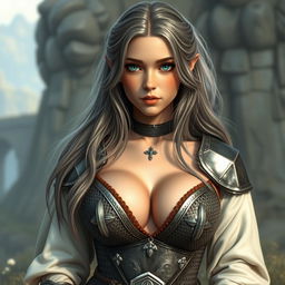 A very busty European cleric girl with bright turquoise eyes and long ash grey hair