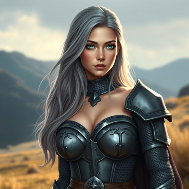 A very busty European cleric girl with bright turquoise eyes and long ash grey hair