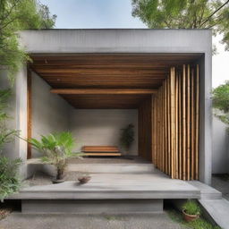 Upgrade the minimalist exposed concrete house by placing vertical bamboo materials at its corners