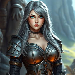 A very busty European cleric girl with bright turquoise eyes and long ash grey hair