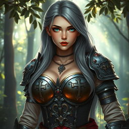 A stunning depiction of a very busty European cleric girl with bright turquoise eyes and long ash grey hair cascading down her back