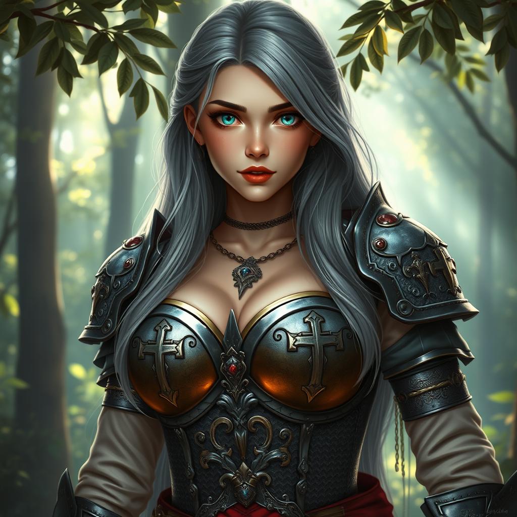 A stunning depiction of a very busty European cleric girl with bright turquoise eyes and long ash grey hair cascading down her back
