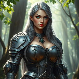 A stunning depiction of a very busty European cleric girl with bright turquoise eyes and long ash grey hair cascading down her back
