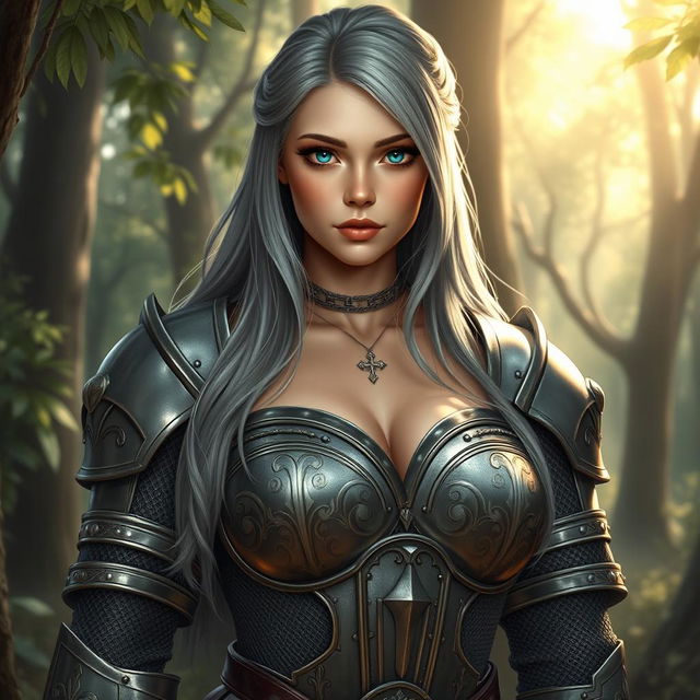 A stunning depiction of a very busty European cleric girl with bright turquoise eyes and long ash grey hair cascading down her back