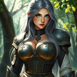 A stunning depiction of a very busty European cleric girl with bright turquoise eyes and long ash grey hair cascading down her back