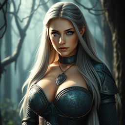 A very busty Ukrainian cleric girl with bright turquoise eyes and long ash grey hair