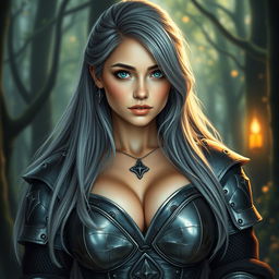 A very busty Ukrainian cleric girl with bright turquoise eyes and long ash grey hair