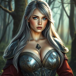 A very busty Ukrainian cleric girl with bright turquoise eyes and long ash grey hair