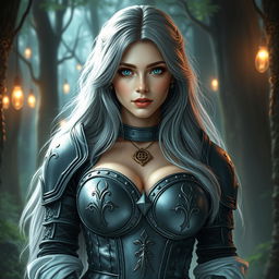 A very busty Ukrainian cleric girl with bright turquoise eyes and long ash grey hair