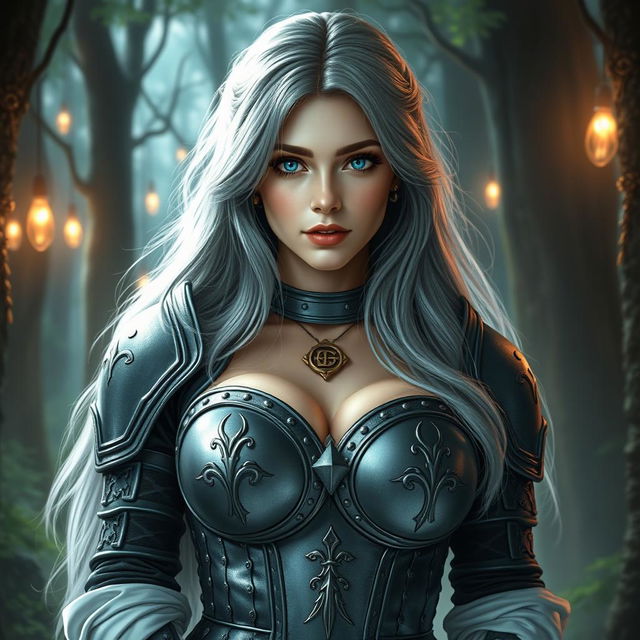 A very busty Ukrainian cleric girl with bright turquoise eyes and long ash grey hair