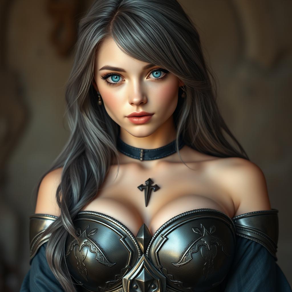 A very busty Ukrainian cleric girl, featuring bright turquoise eyes and long ash grey hair