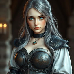 A very busty Ukrainian cleric girl, featuring bright turquoise eyes and long ash grey hair