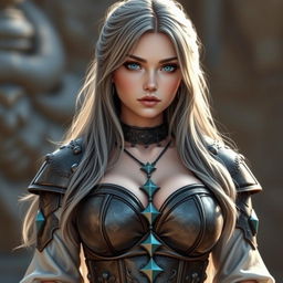 A very busty Ukrainian cleric girl, featuring bright turquoise eyes and long ash grey hair