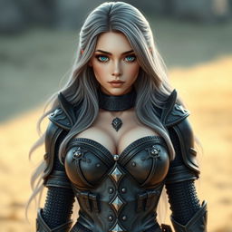 A very busty Ukrainian cleric girl, featuring bright turquoise eyes and long ash grey hair