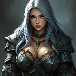 A captivating DnD character design featuring a very busty European cleric girl with bright turquoise eyes and long ash grey hair