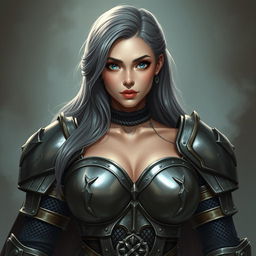 A captivating DnD character design featuring a very busty European cleric girl with bright turquoise eyes and long ash grey hair