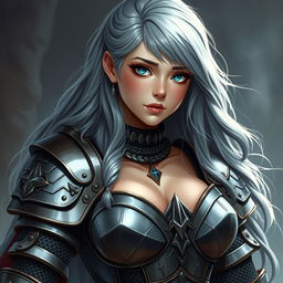 A captivating DnD character design featuring a very busty European cleric girl with bright turquoise eyes and long ash grey hair