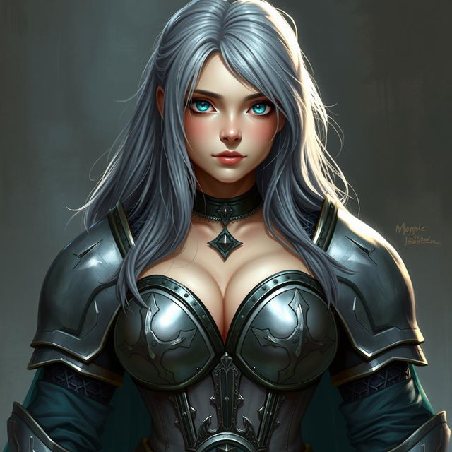 A captivating DnD character design featuring a very busty European cleric girl with bright turquoise eyes and long ash grey hair