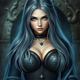 A very busty Ukrainian cleric girl with bright turquoise eyes, long ash grey hair cascading down, featuring a lovely oval-shaped face that looks shy and cute