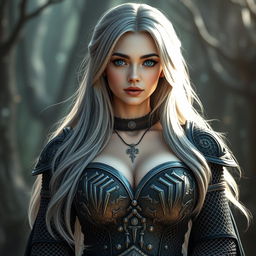 A very busty Ukrainian cleric girl with bright turquoise eyes, long ash grey hair cascading down, featuring a lovely oval-shaped face that looks shy and cute