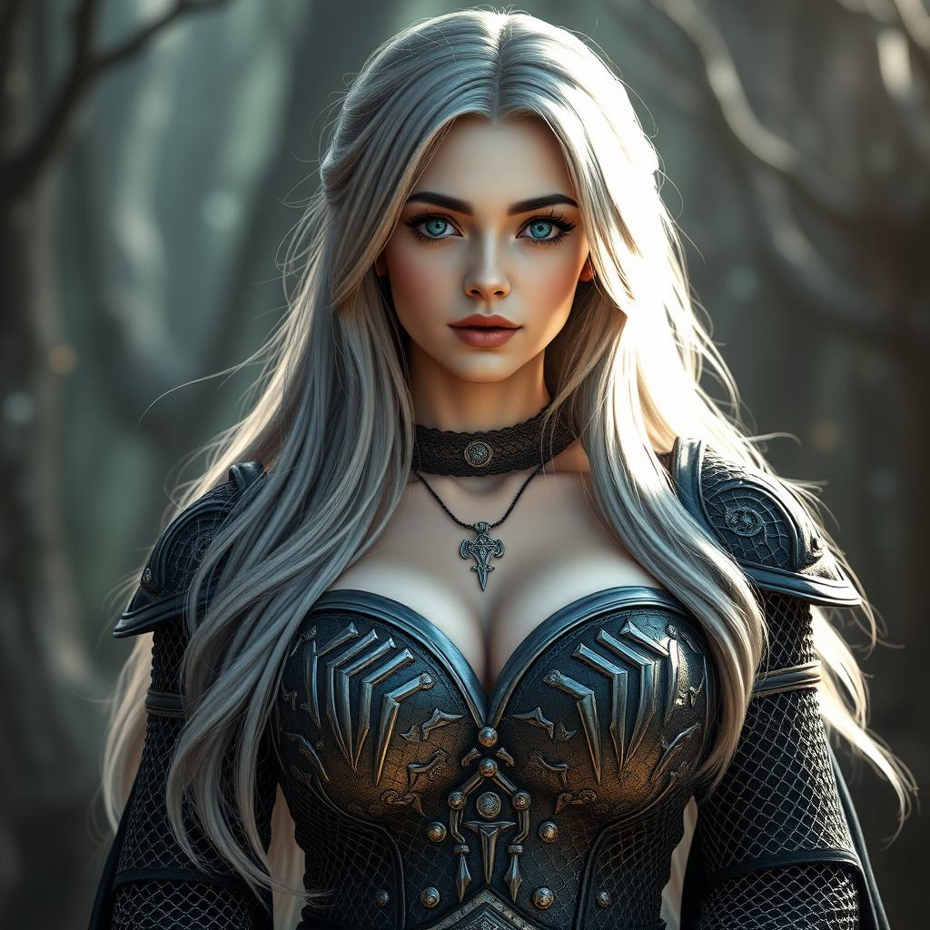 A very busty Ukrainian cleric girl with bright turquoise eyes, long ash grey hair cascading down, featuring a lovely oval-shaped face that looks shy and cute