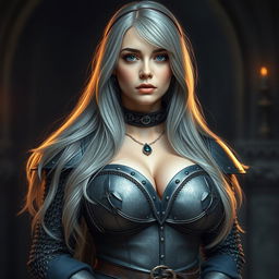 A very busty Ukrainian cleric girl with bright turquoise eyes, long ash grey hair cascading down, featuring a lovely oval-shaped face that looks shy and cute