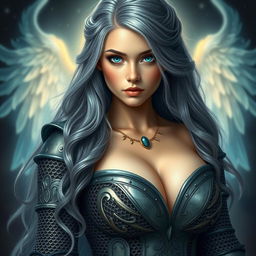 A very busty Ukrainian cleric girl with bright turquoise eyes, long ash grey hair cascading down, featuring a lovely oval-shaped face that looks shy and cute