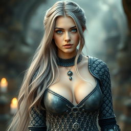 A stunningly beautiful Ukrainian cleric girl with bright turquoise eyes and long ash grey hair, showcasing her delicate and athletic physique