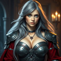 A busty Ukrainian cleric girl with bright turquoise eyes and long ash grey hair, embodying both delicacy and athleticism