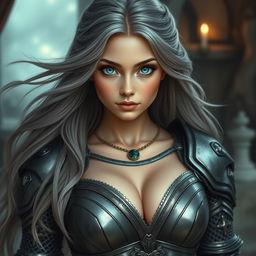 A busty Ukrainian cleric girl with bright turquoise eyes and long ash grey hair, embodying both delicacy and athleticism