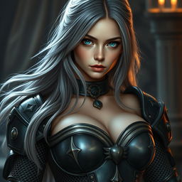 A busty Ukrainian cleric girl with bright turquoise eyes and long ash grey hair, embodying both delicacy and athleticism