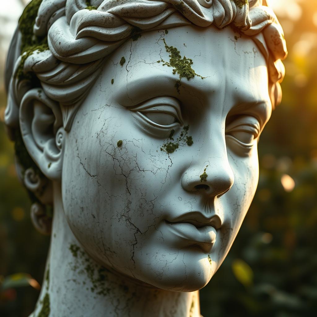 A highly detailed, ancient statue representing a person's face, with realistic textures and features