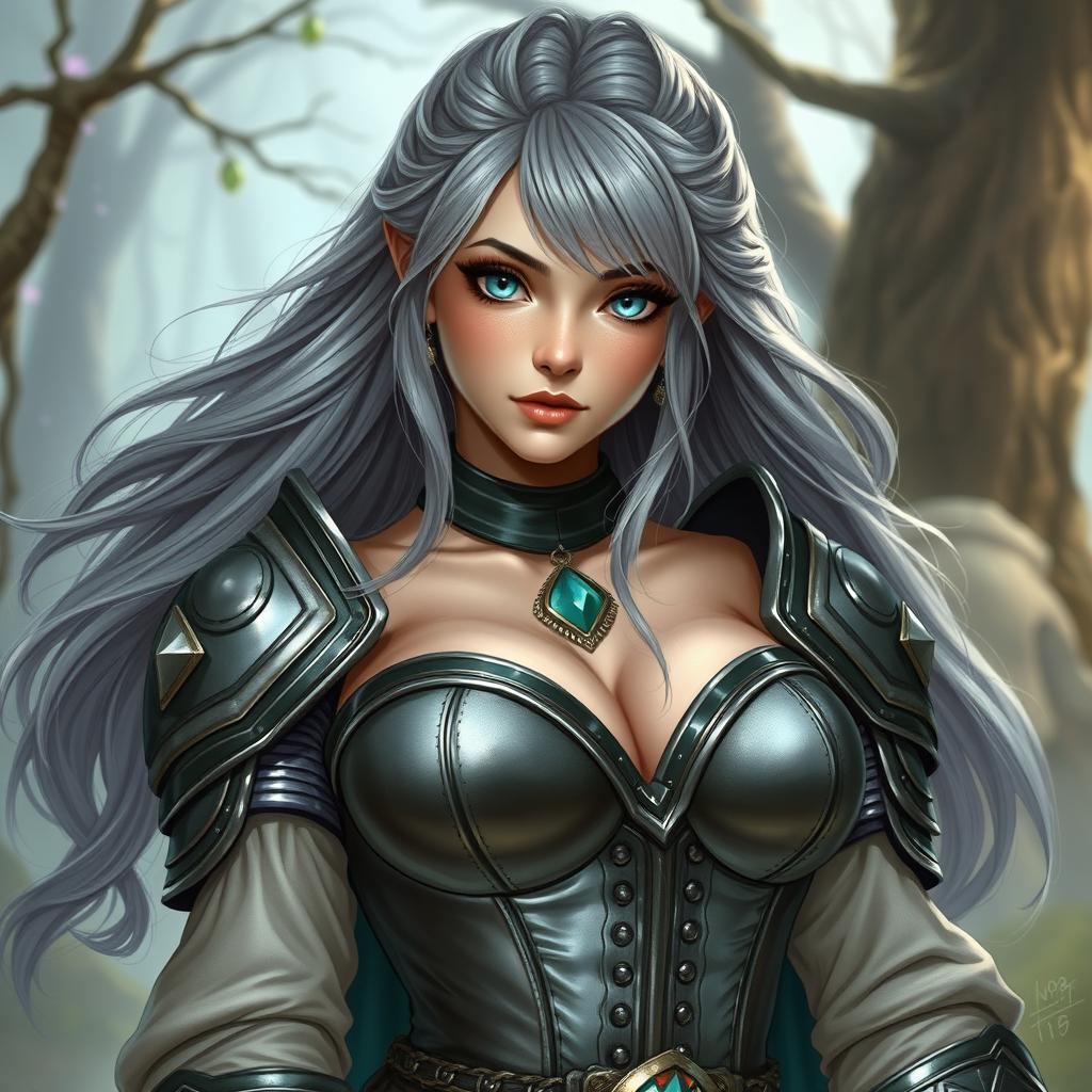 A stunning DnD character design of a very busty Ukrainian cleric girl, delicate yet athletic in appearance