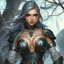 A stunning DnD character design of a very busty Ukrainian cleric girl, delicate yet athletic in appearance