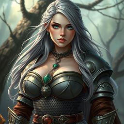 A stunning DnD character design of a very busty Ukrainian cleric girl, delicate yet athletic in appearance