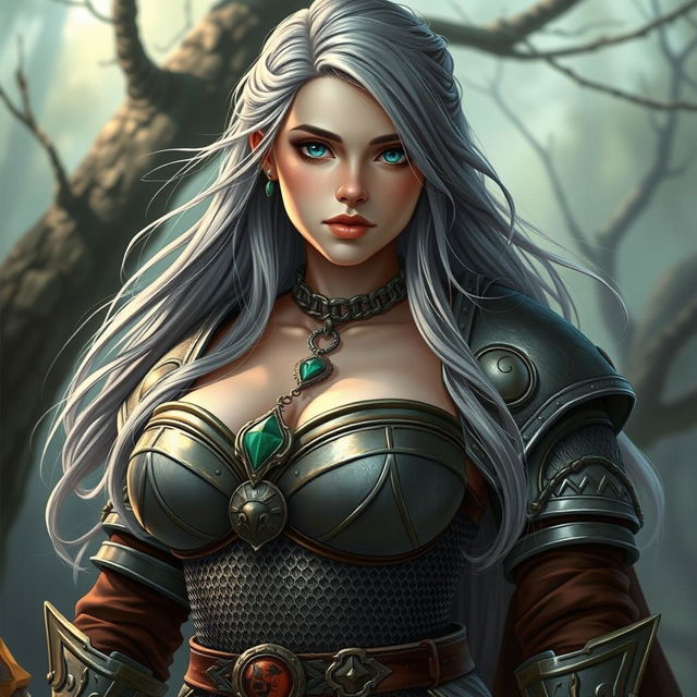 A stunning DnD character design of a very busty Ukrainian cleric girl, delicate yet athletic in appearance