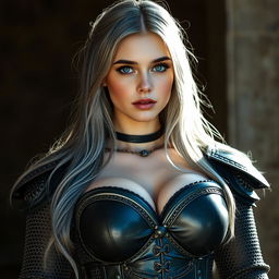 A very busty Ukrainian cleric girl with bright turquoise eyes and long ash grey hair