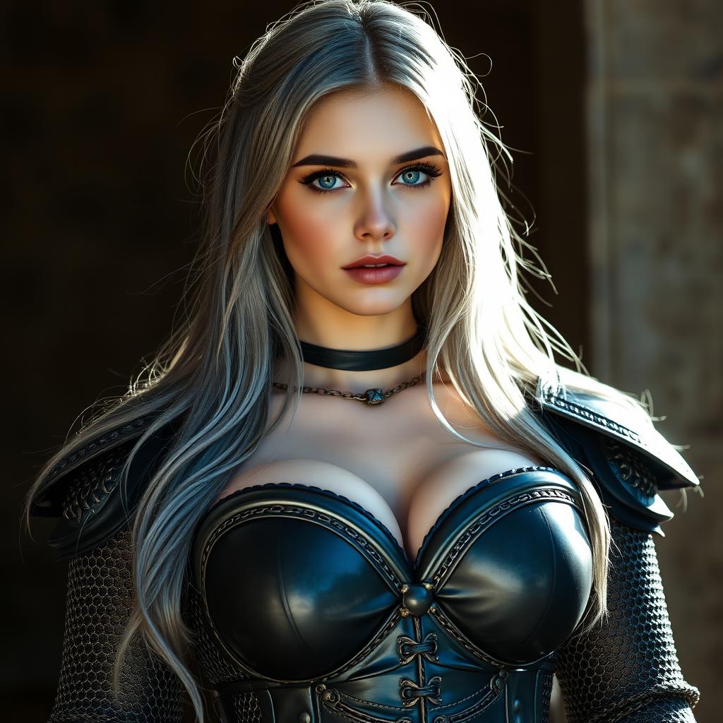 A very busty Ukrainian cleric girl with bright turquoise eyes and long ash grey hair