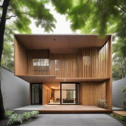 Modify the house to accentuate its minimalist features while keeping the vertical bamboo elements at the corners