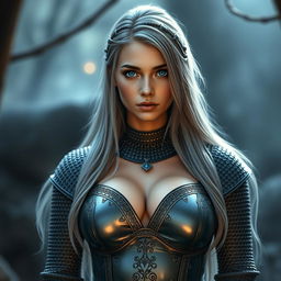 A very busty Ukrainian athletic cleric girl with bright turquoise eyes and long ash grey hair