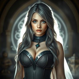 A very busty Ukrainian athletic cleric girl with bright turquoise eyes and long ash grey hair