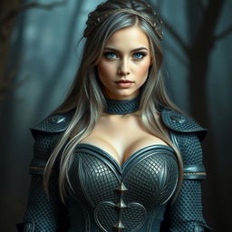 A very busty Ukrainian athletic cleric girl with bright turquoise eyes and long ash grey hair