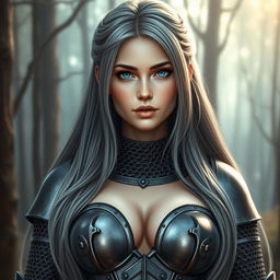 A very busty Ukrainian athletic cleric girl with bright turquoise eyes and long ash grey hair