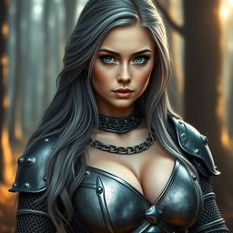 A very busty Ukrainian athletic cleric girl with bright turquoise eyes and long ash grey hair