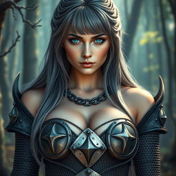 A very busty Ukrainian athletic cleric girl with bright turquoise eyes and long ash grey hair