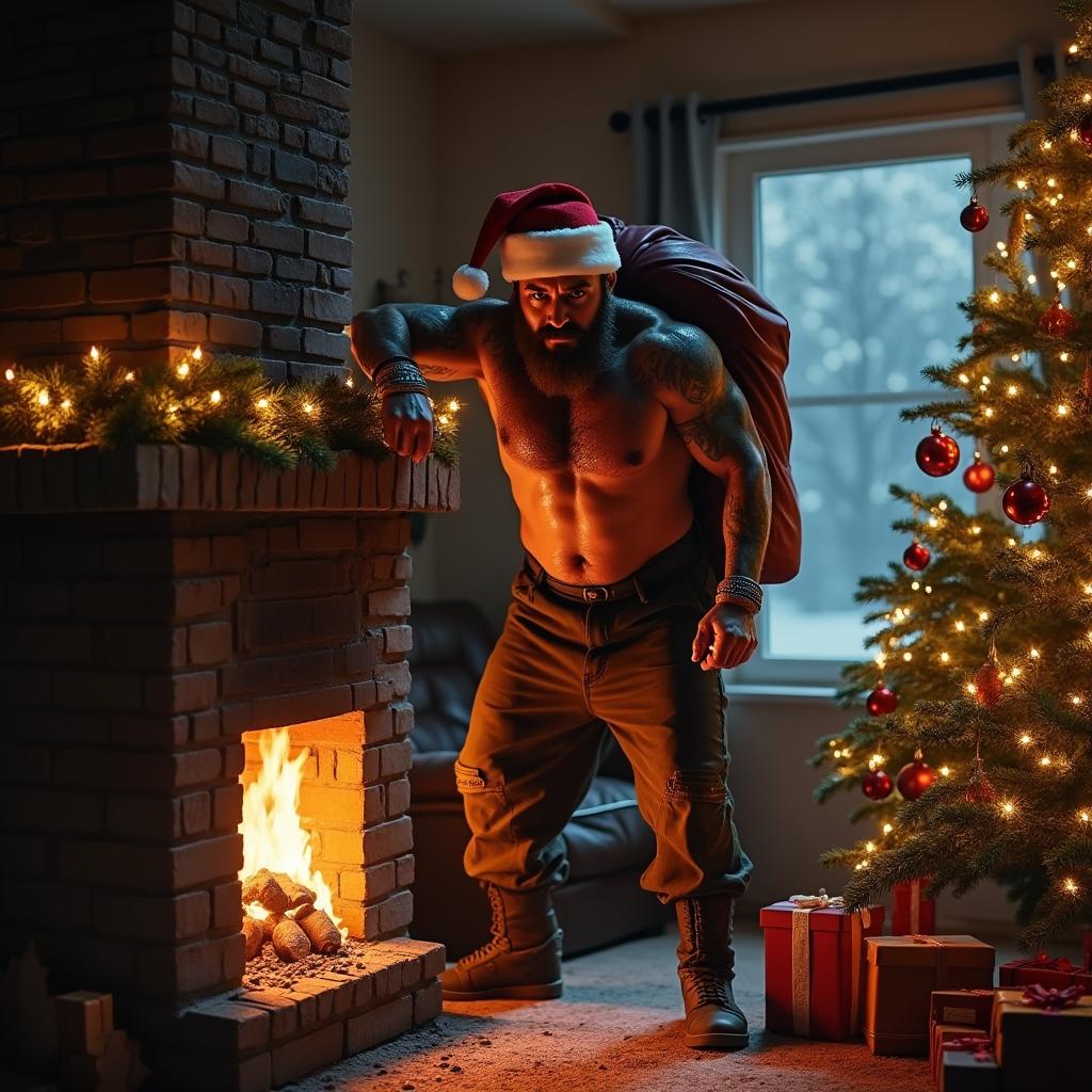A dramatic scene featuring a muscular, tattooed man resembling Jake the Muss from the New Zealand film 'Once Were Warriors', wearing a Santa hat, coming down a chimney on Christmas Eve