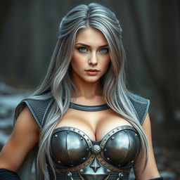 A very busty Ukrainian athletic cleric girl with bright turquoise eyes and long ash grey hair